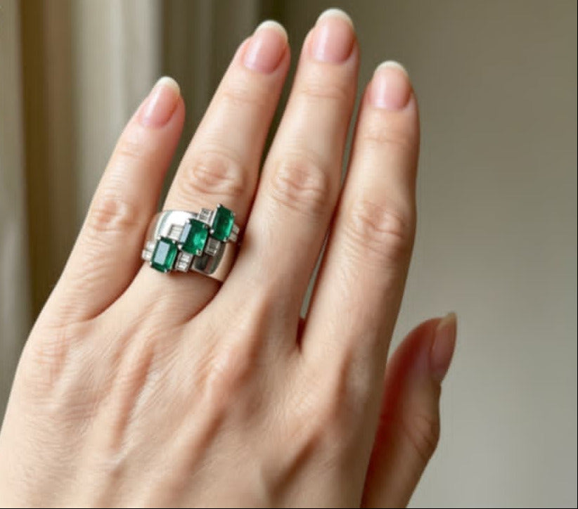 Platinum Emerald Solitaire Diamond Accent Ring