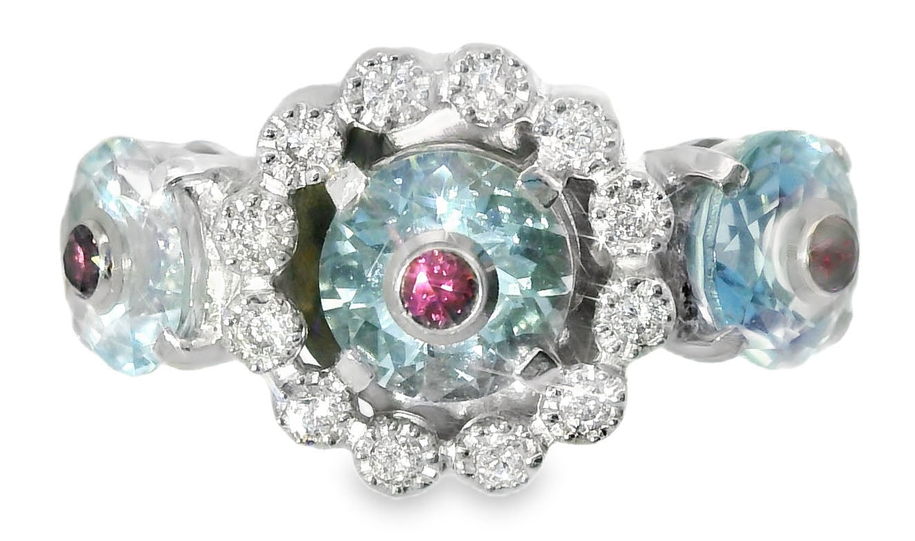 Fabulous Estate 18K White Gold Aquamarine Pink Tourmaline Diamond Ring Band - GGEMSonline