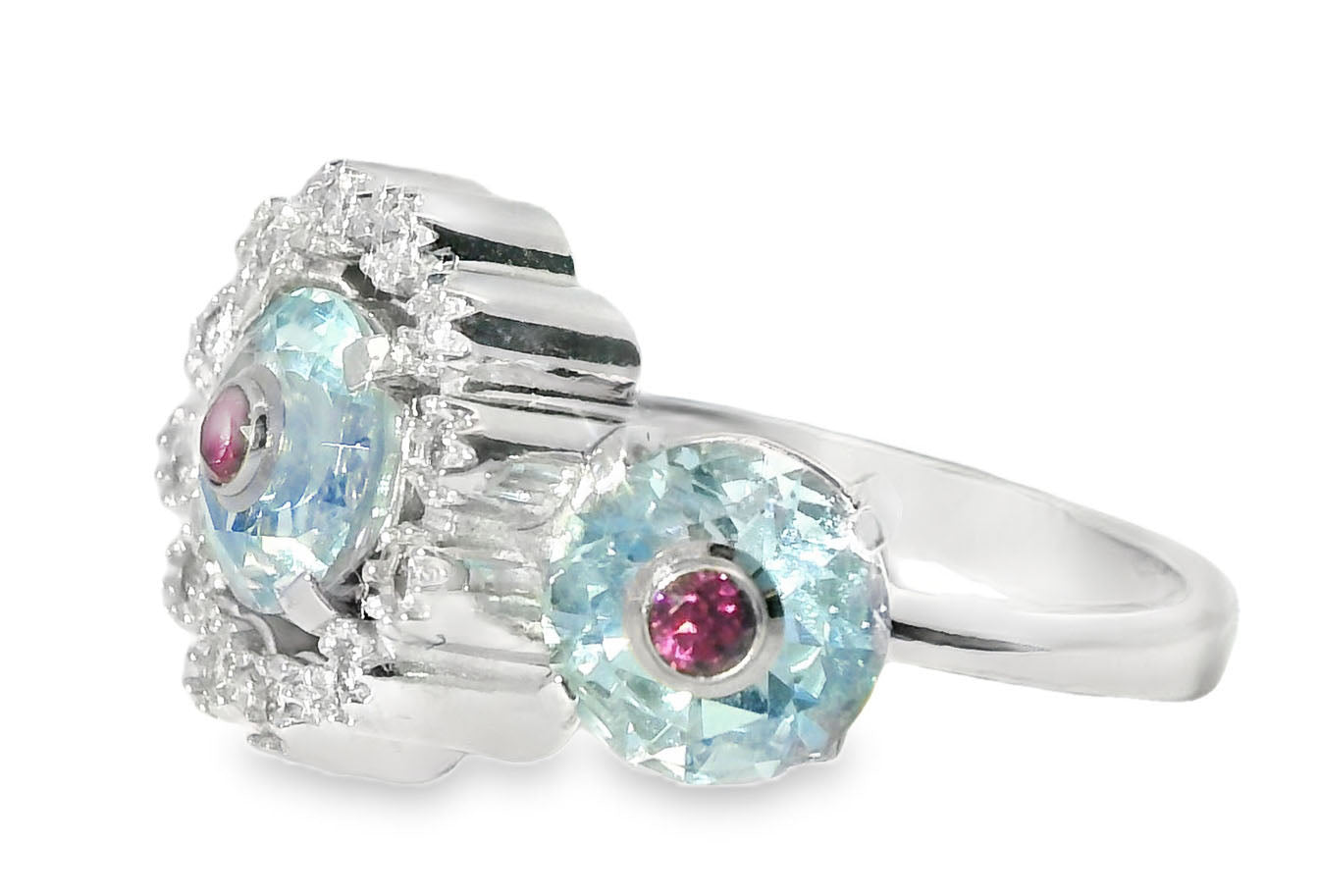 Fabulous Estate 18K White Gold Aquamarine Pink Tourmaline Diamond Ring Band - GGEMSonline