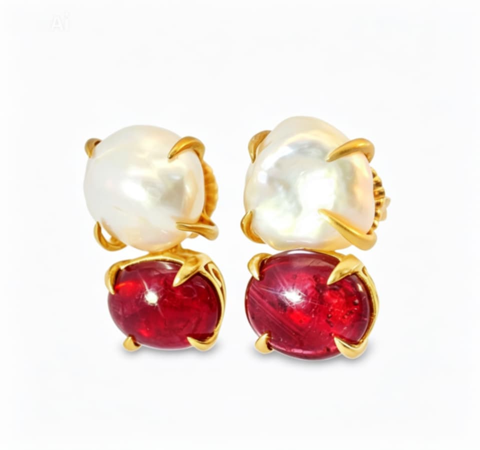 14K Yellow Gold Cabochon Ruby Baroque Pearl Drop Earrings Designer Estate