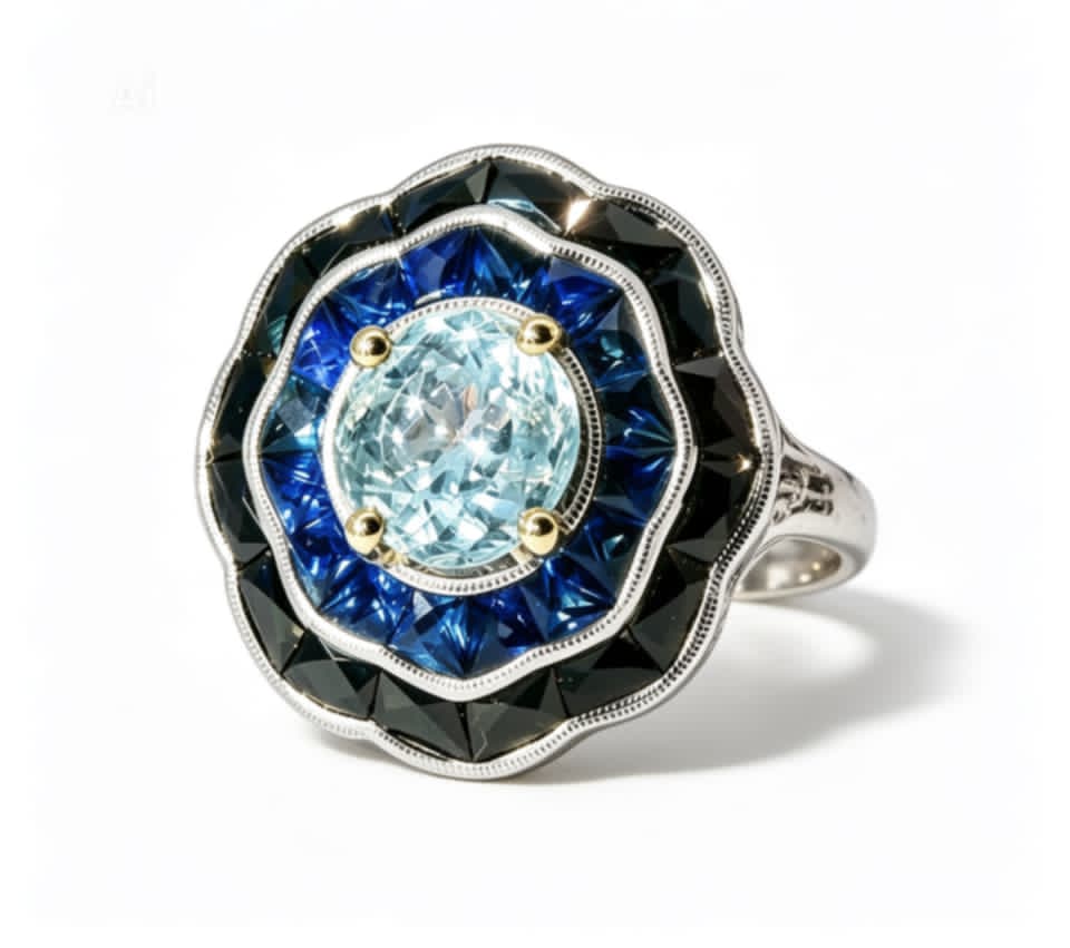 14K White Gold Art Deco Filigree Sapphire Onyx Diamond Aquamarine Ring Estate
