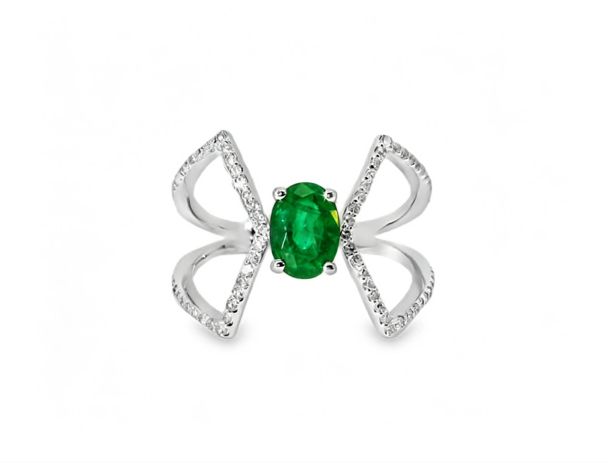 14K White Gold Emerald Diamond Wire Ring Estate by EFFY