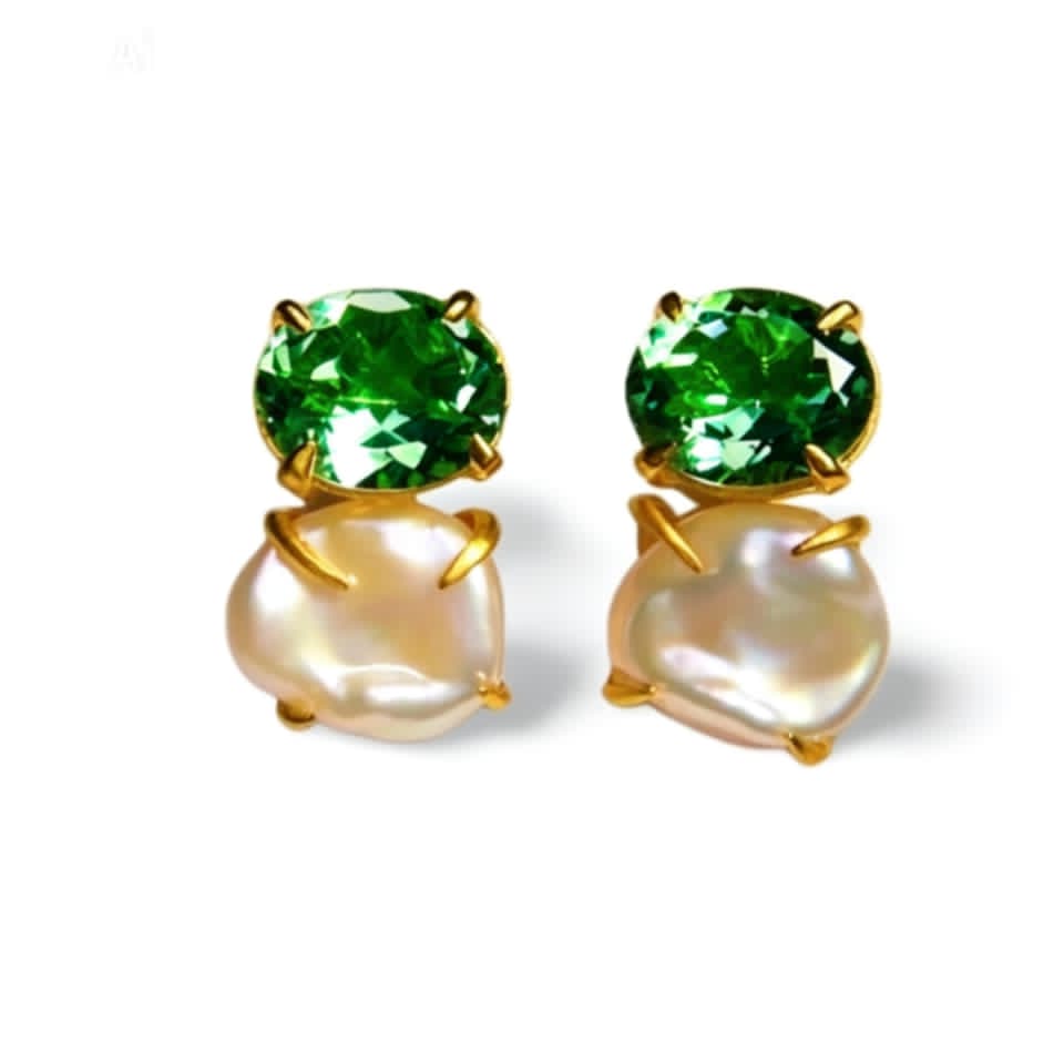 14K Yellow Gold Green Amethyst Baroque Pearl Drop Earrings Designer Estate