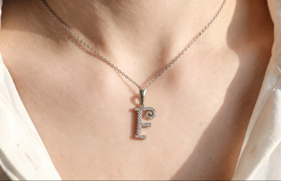 18K White Gold Diamond F Initial Pendant Slide Necklace Estate