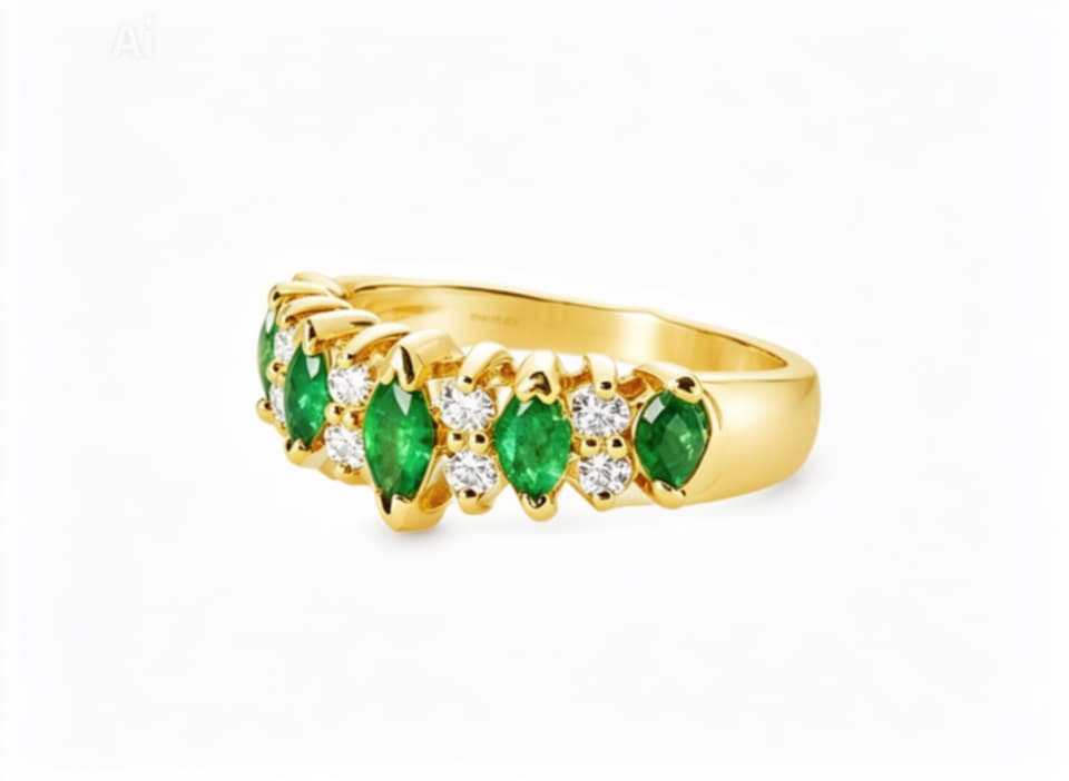 14K Yellow Gold Marquise Emerald Diamond Ring Estate by EFFY