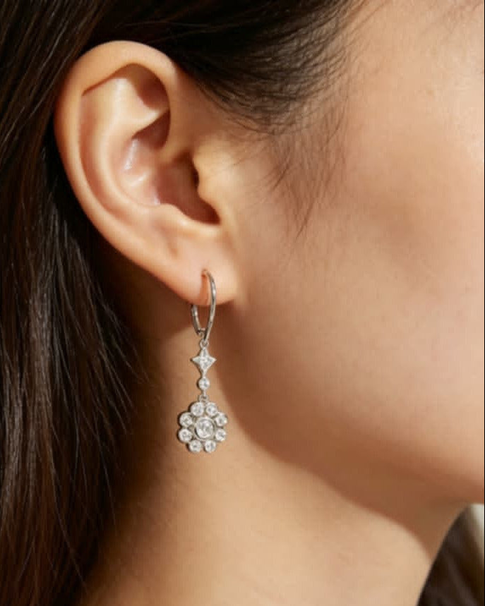 14K White Gold Floral Diamond Drop Earrings Estate