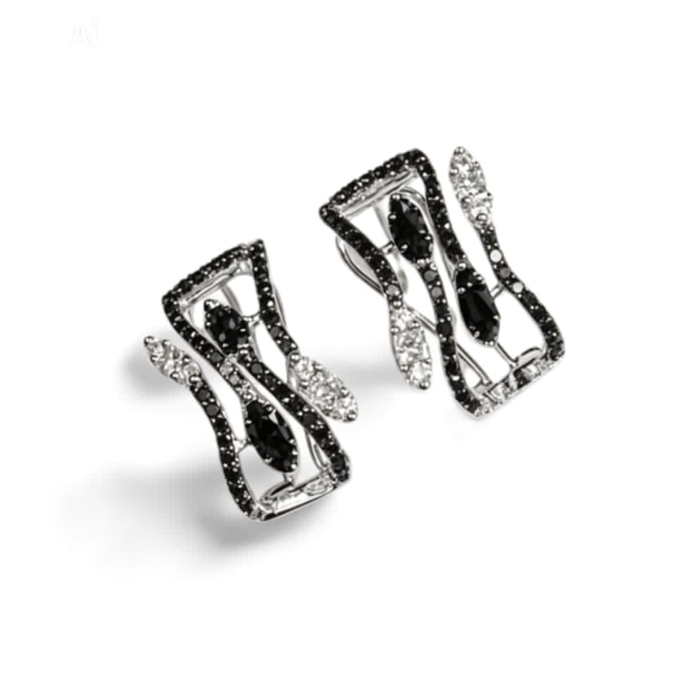 14K White Gold Black Diamond Leaf Huggie Earrings Estate