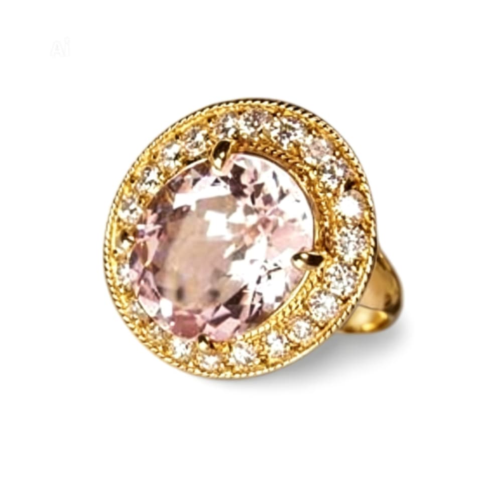 14K Yellow Gold Kunzite Diamond Cocktail Engagement Ring Estate