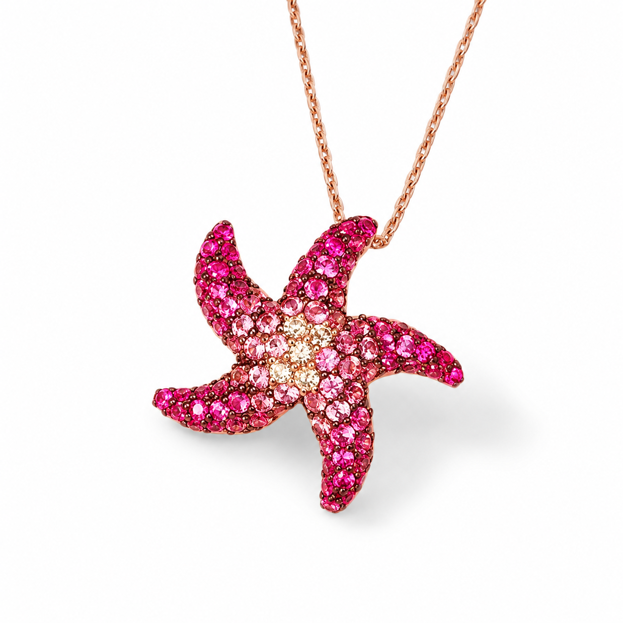 14K Rose Pink Gold Diamond Sapphire Starfish Pendant Necklace
