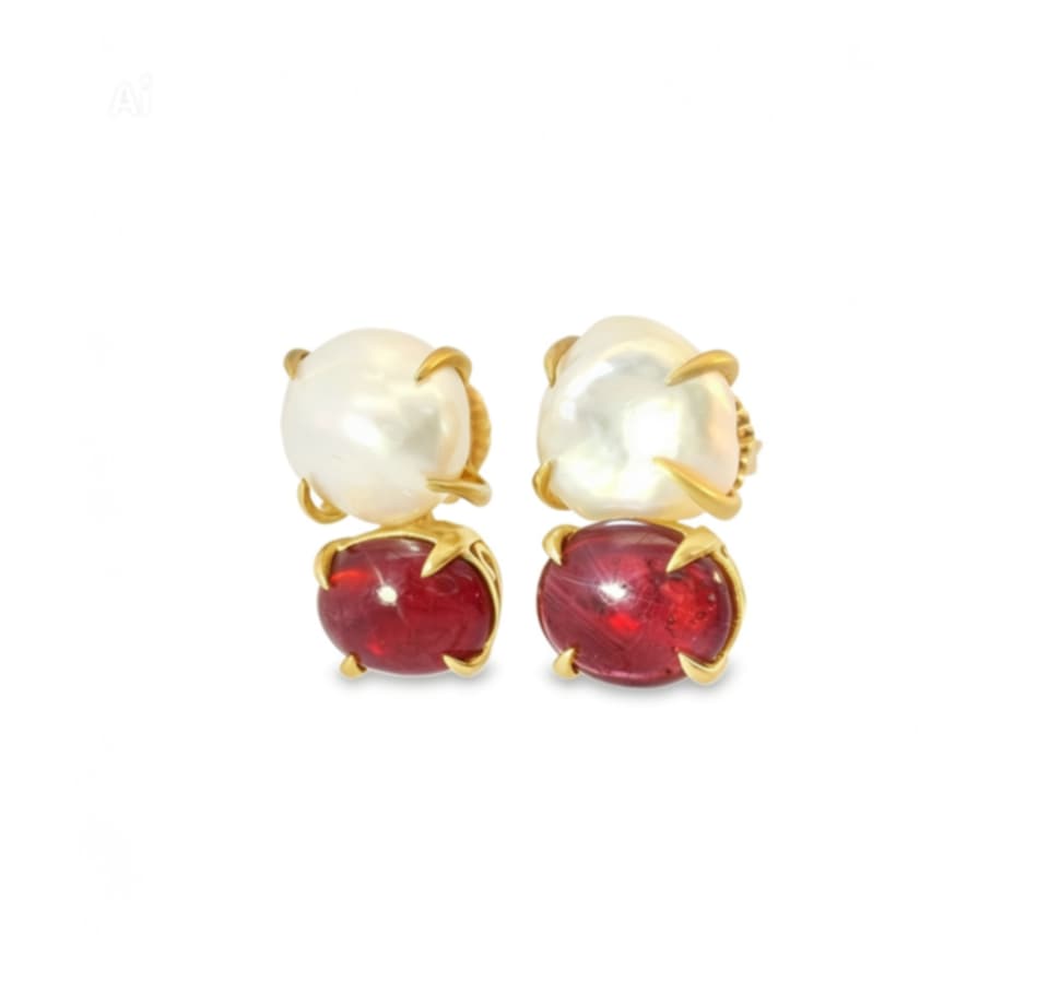 14K Yellow Gold Cabochon Ruby Baroque Pearl Drop Earrings Designer Estate