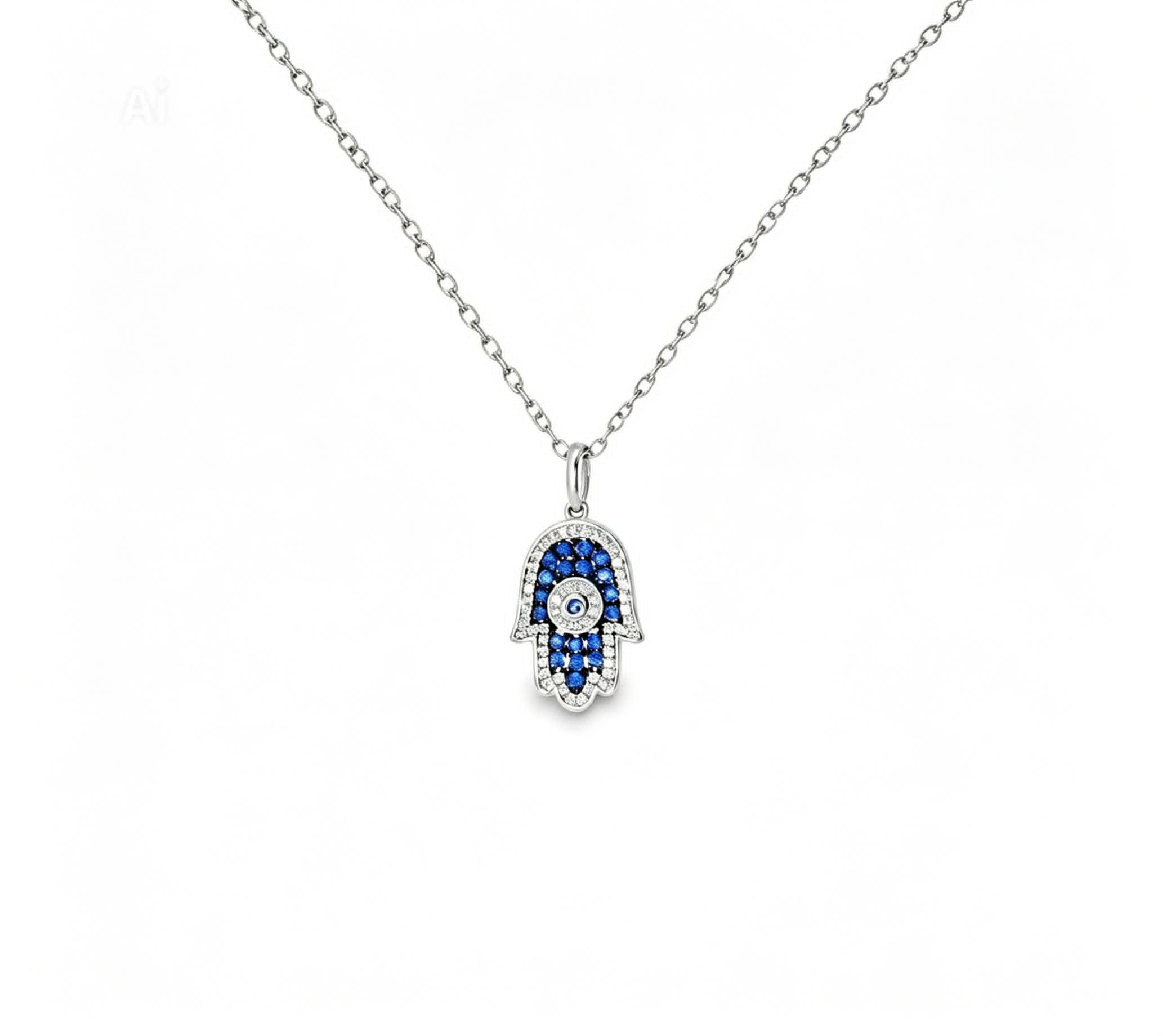 14K White Gold Hamsa Sapphire Diamond Pendant Estate