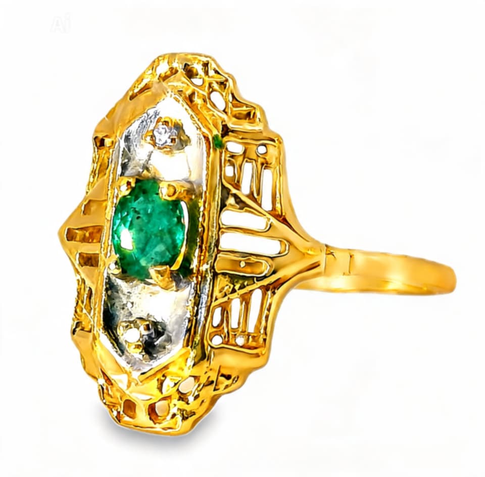 Antique 14K Yellow Gold Emerald Diamond Filigree Ring Estate