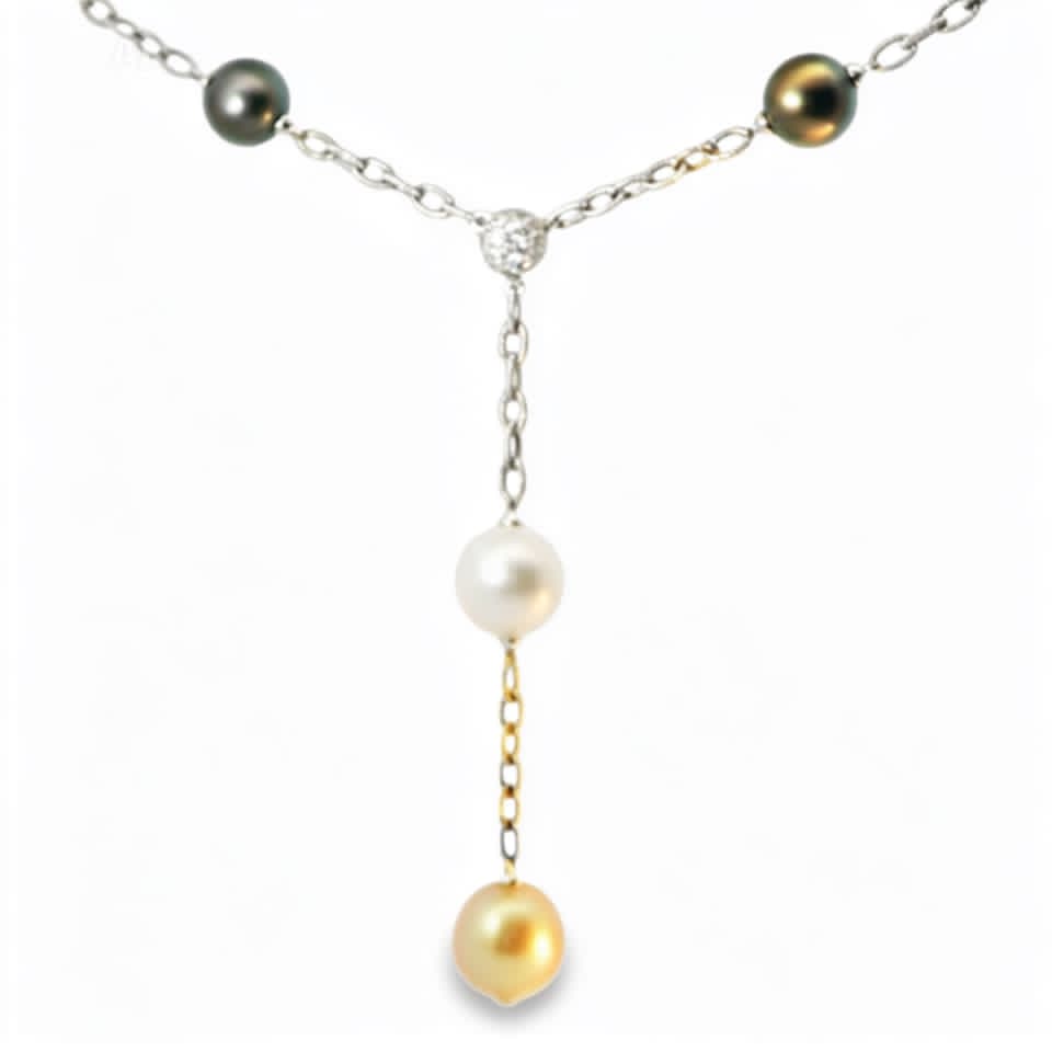 18K White Gold Diamond Gemstone Tahitian Pearl Pendant Necklace Estate