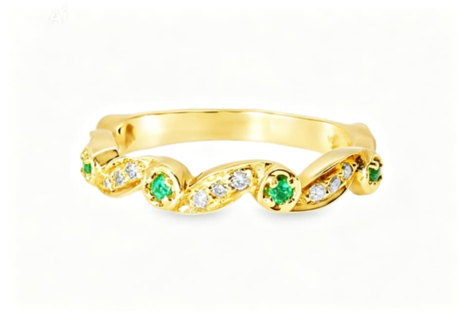 14K Yellow Gold Emerald Diamond Ring Eternity Band