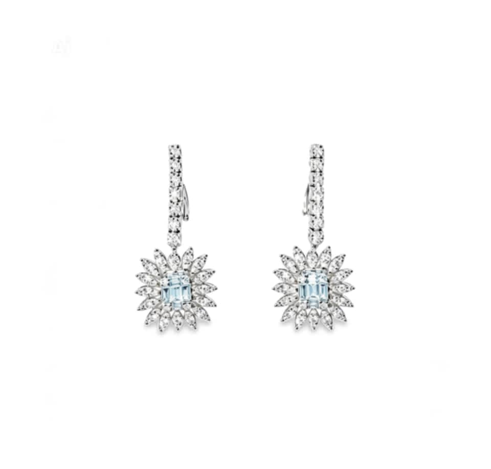 18K White Gold Pave Diamond Sunflower Drop Earrings Estate