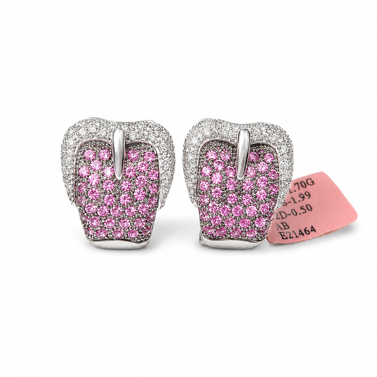 14K White Gold Estate Diamond & Pink Sapphire Buckle French Clip Earrings