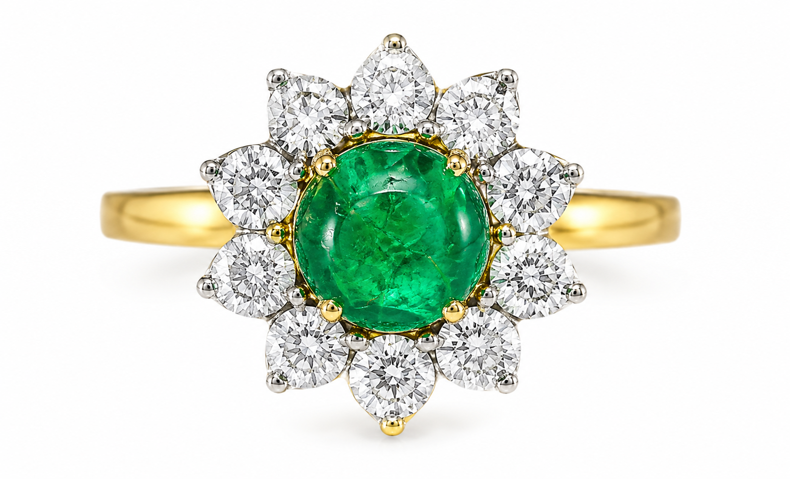 18K Yellow Gold Emerald Diamond Sunflower Cocktail Ring Estate