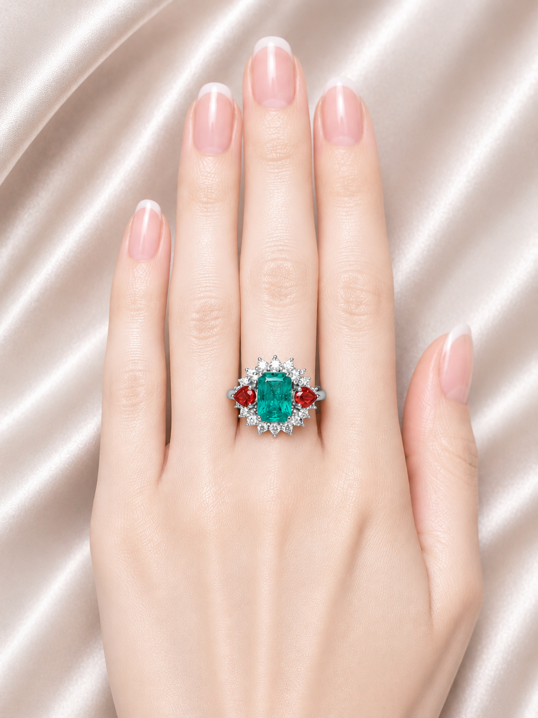 18K White Gold Emerald Tourmaline Diamond Designer Ring Estate