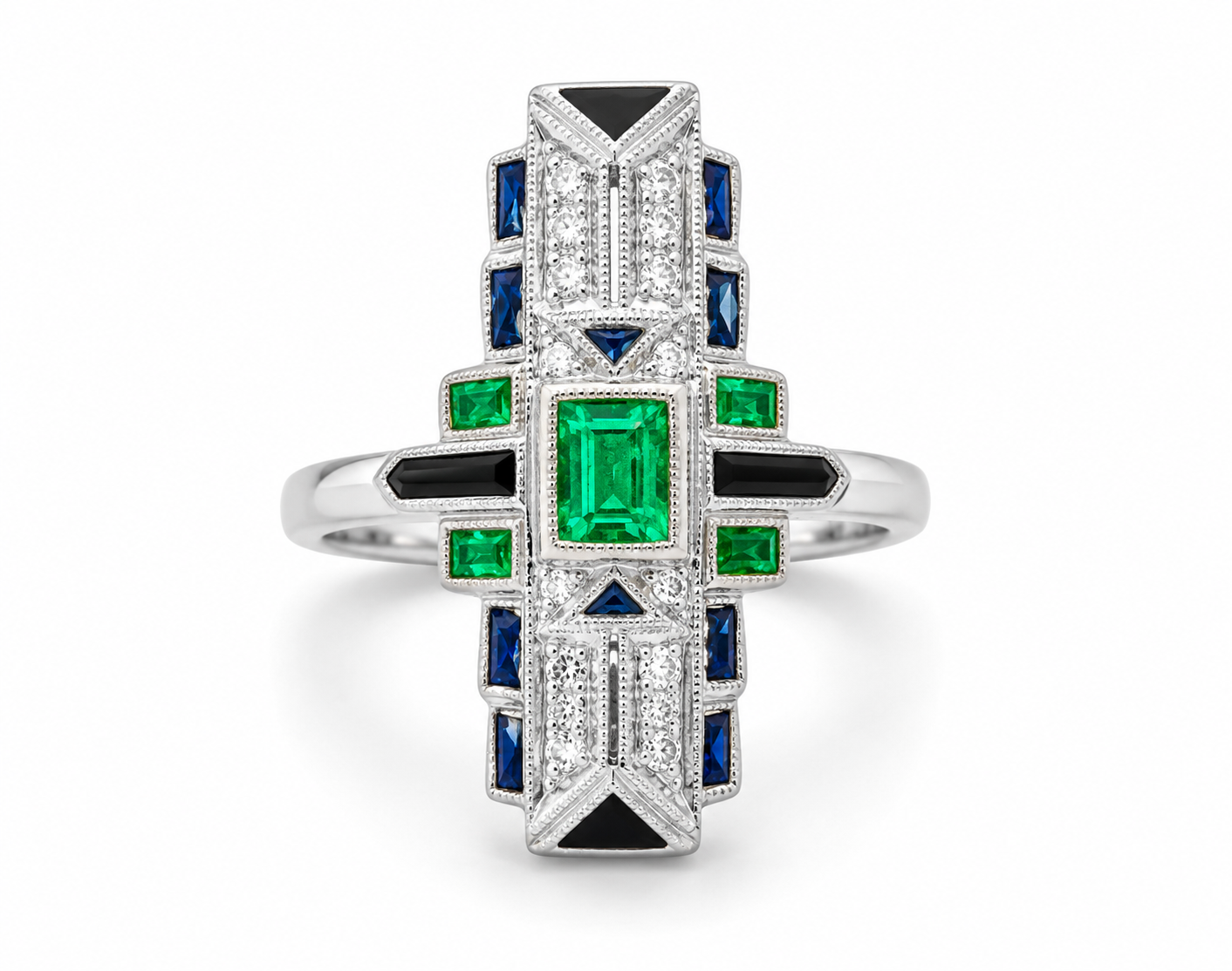18K White Gold Emerald Sapphire Diamond Mosaic Ring Art Deco Handmade Estate