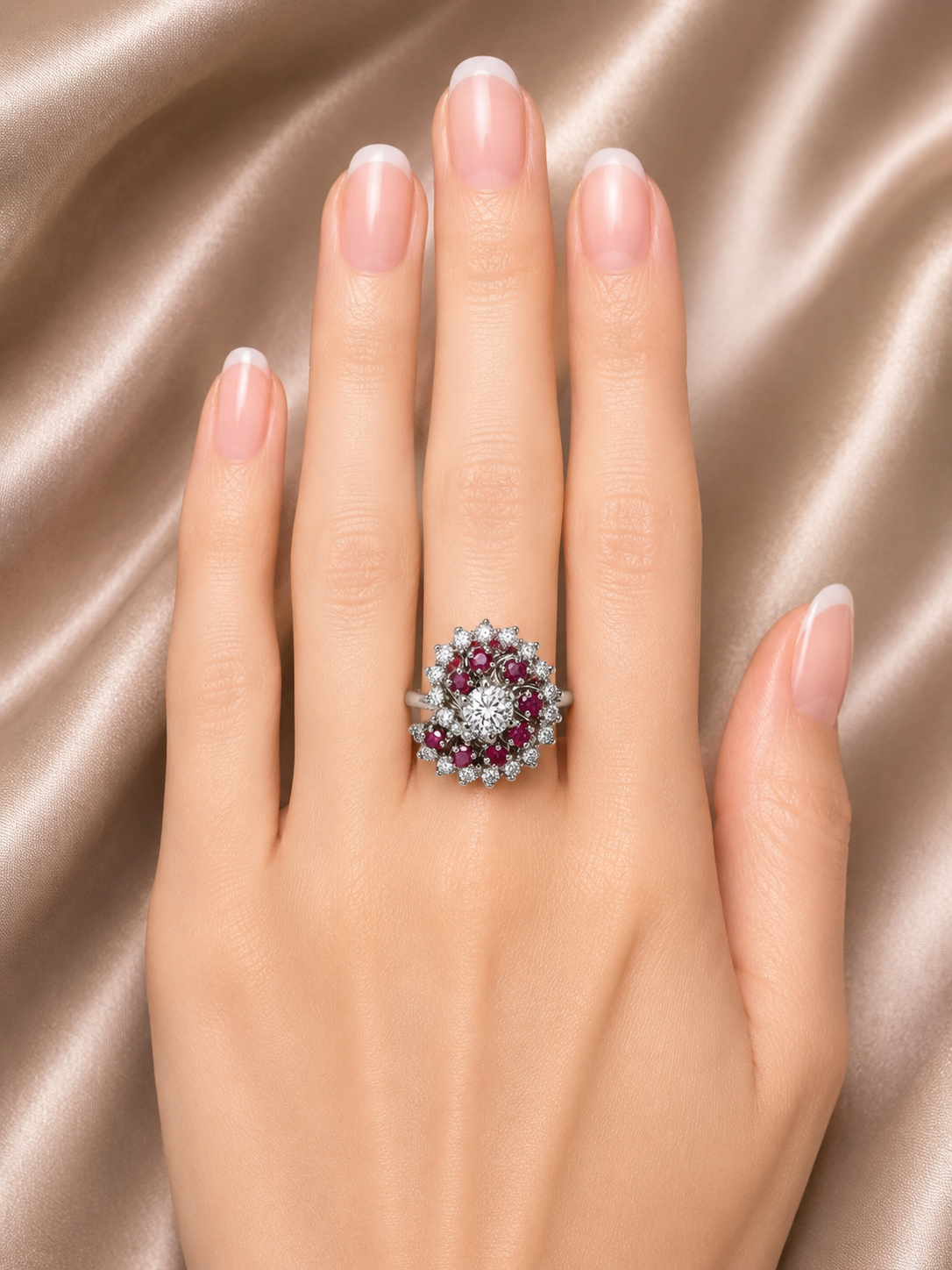 14K White Gold Ruby Diamond Floral Spiral Ring Estate