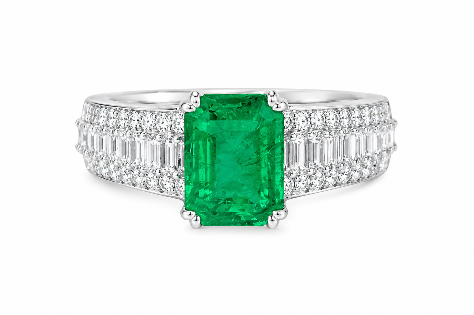 14K White Gold Colombian Emerald Baguette Diamond Cocktail Ring