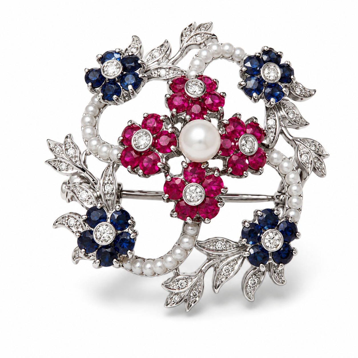 18K White Gold Diamond Ruby Sapphire Seed Pearl Brooch Victorian Estate