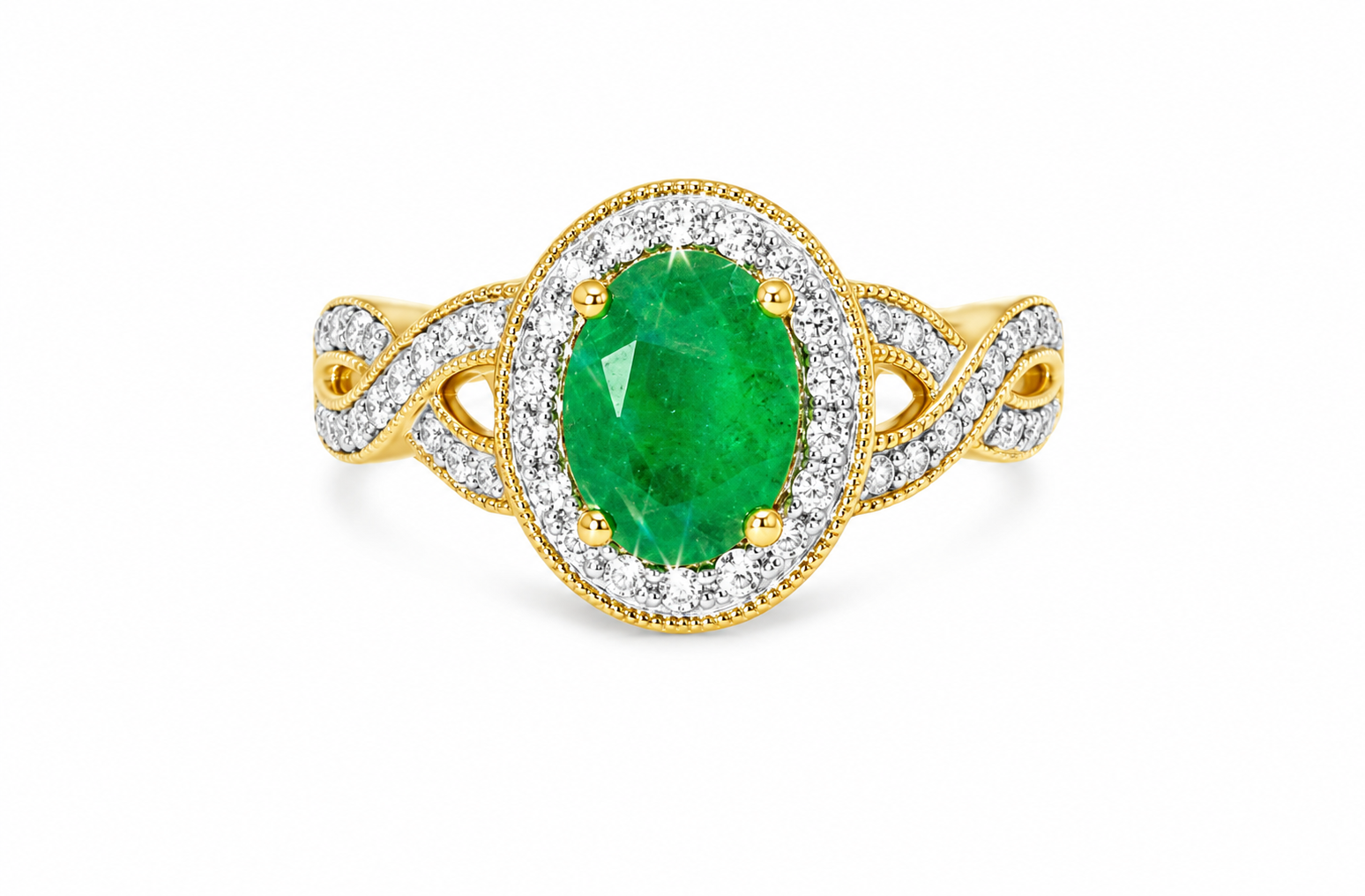 14K Yellow Gold Emerald Diamond Cocktail Ring Estate