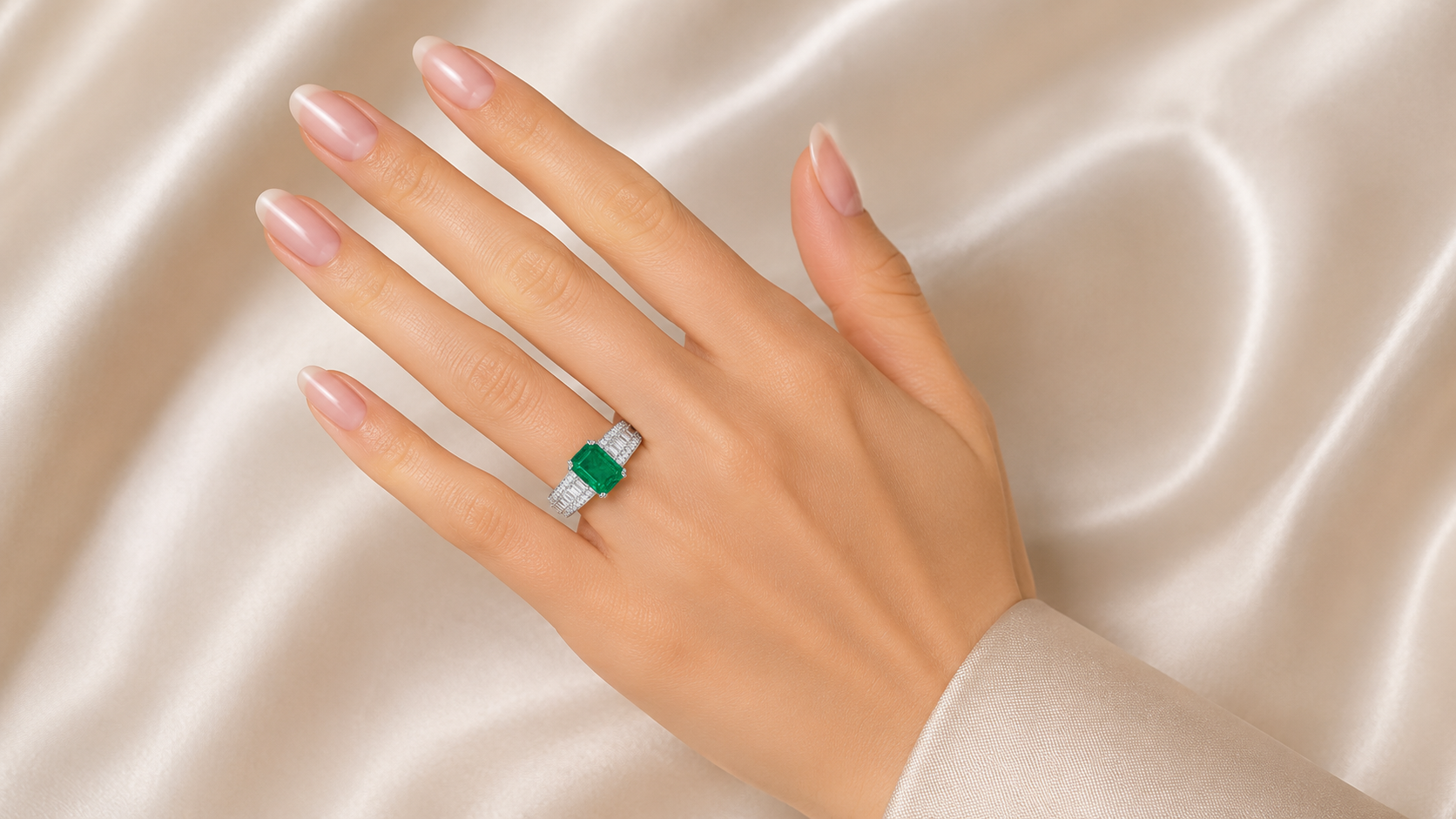 14K White Gold Colombian Emerald Baguette Diamond Cocktail Ring