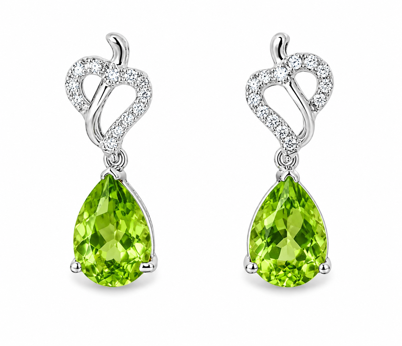 14K White Gold Peridot Diamond Heart Drop Earrings Estate