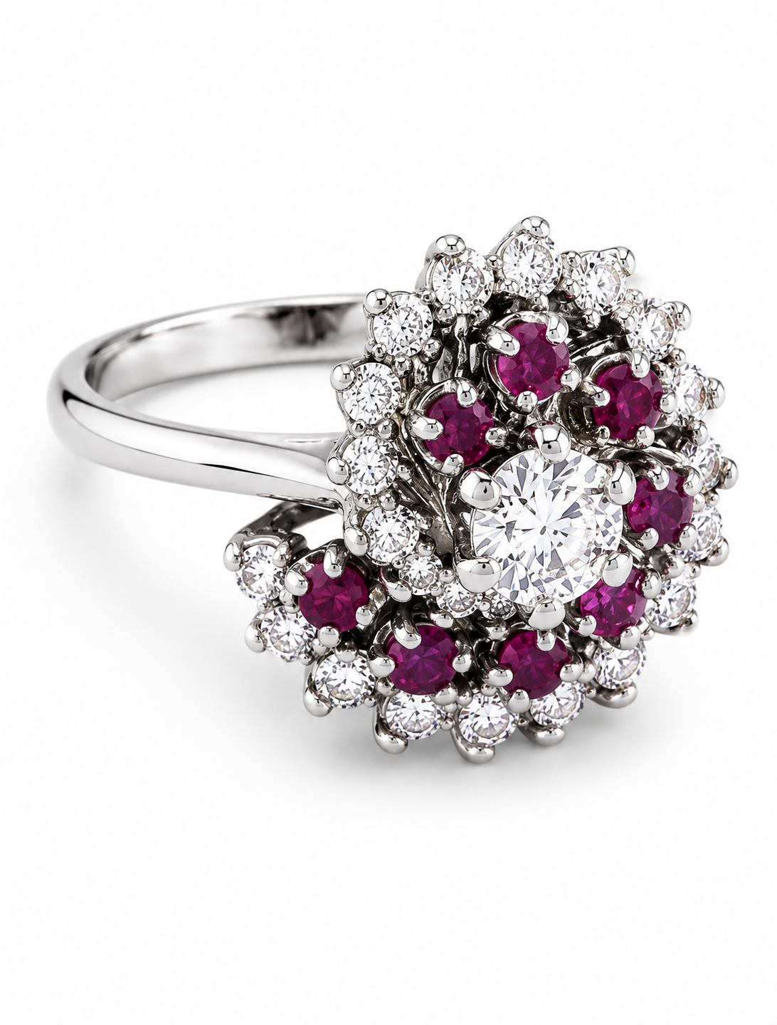 14K White Gold Ruby Diamond Floral Spiral Ring Estate