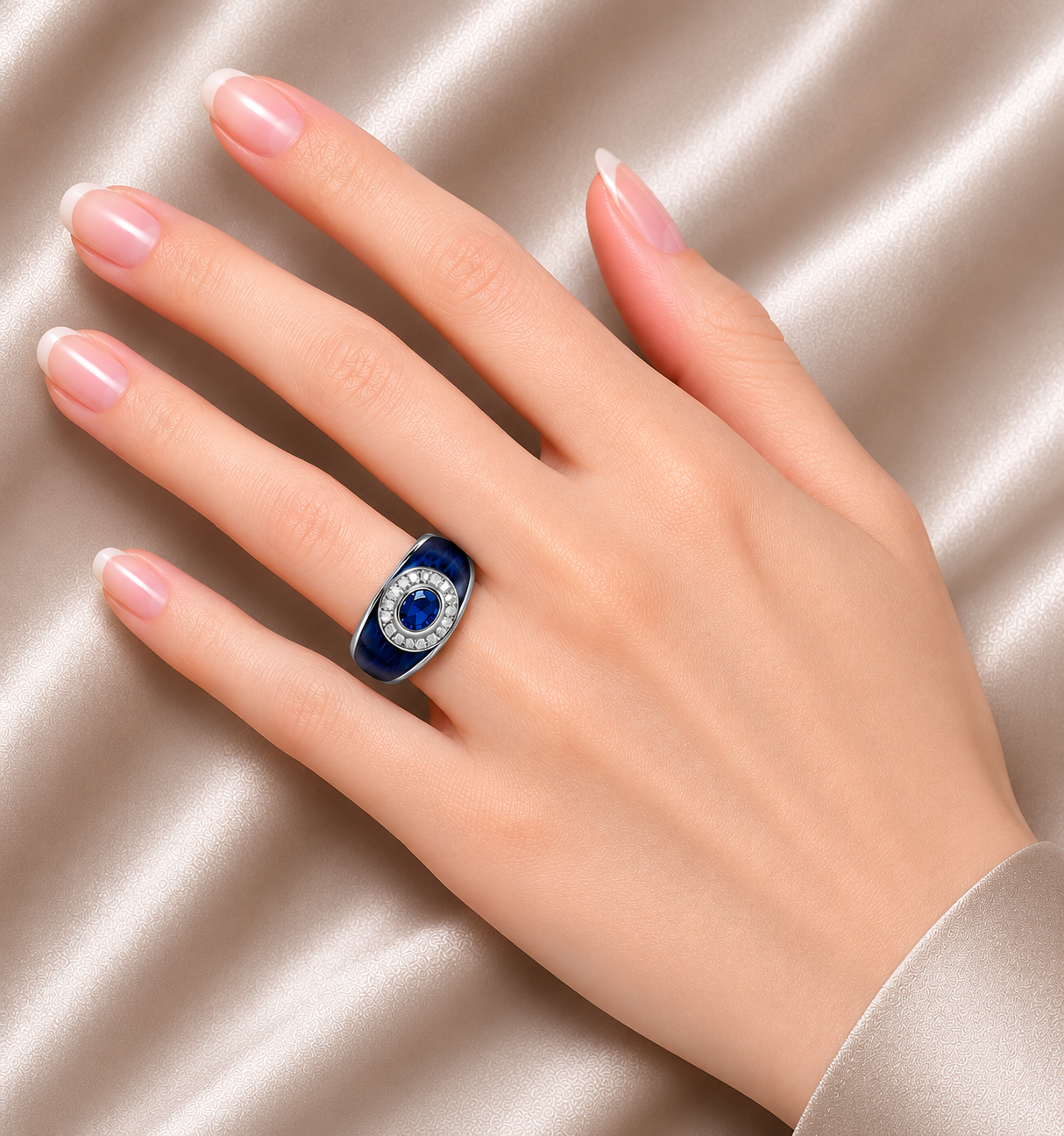 18K White Gold Hidalgo Enamel Diamond Sapphire Ring Band Authentic
