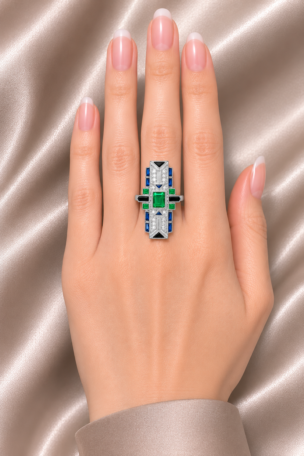 18K White Gold Emerald Sapphire Diamond Mosaic Ring Art Deco Handmade Estate