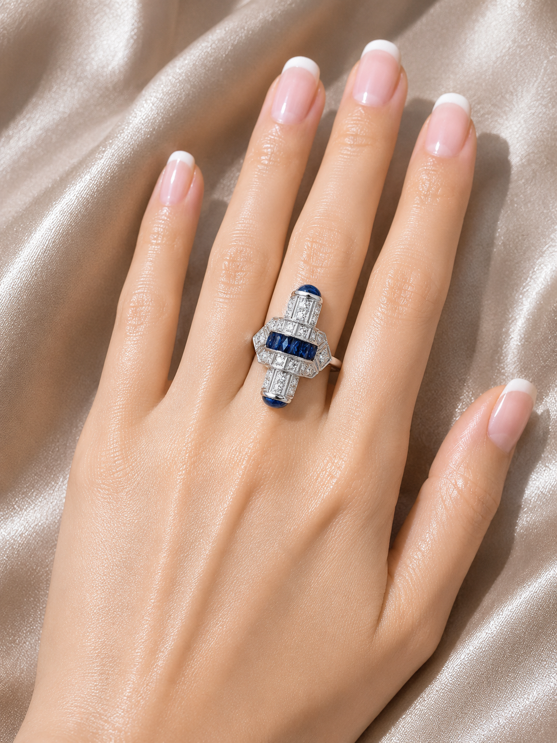 14K White Gold Hand Cut Diamond Sapphire Mosaic Ring Art Deco Estate
