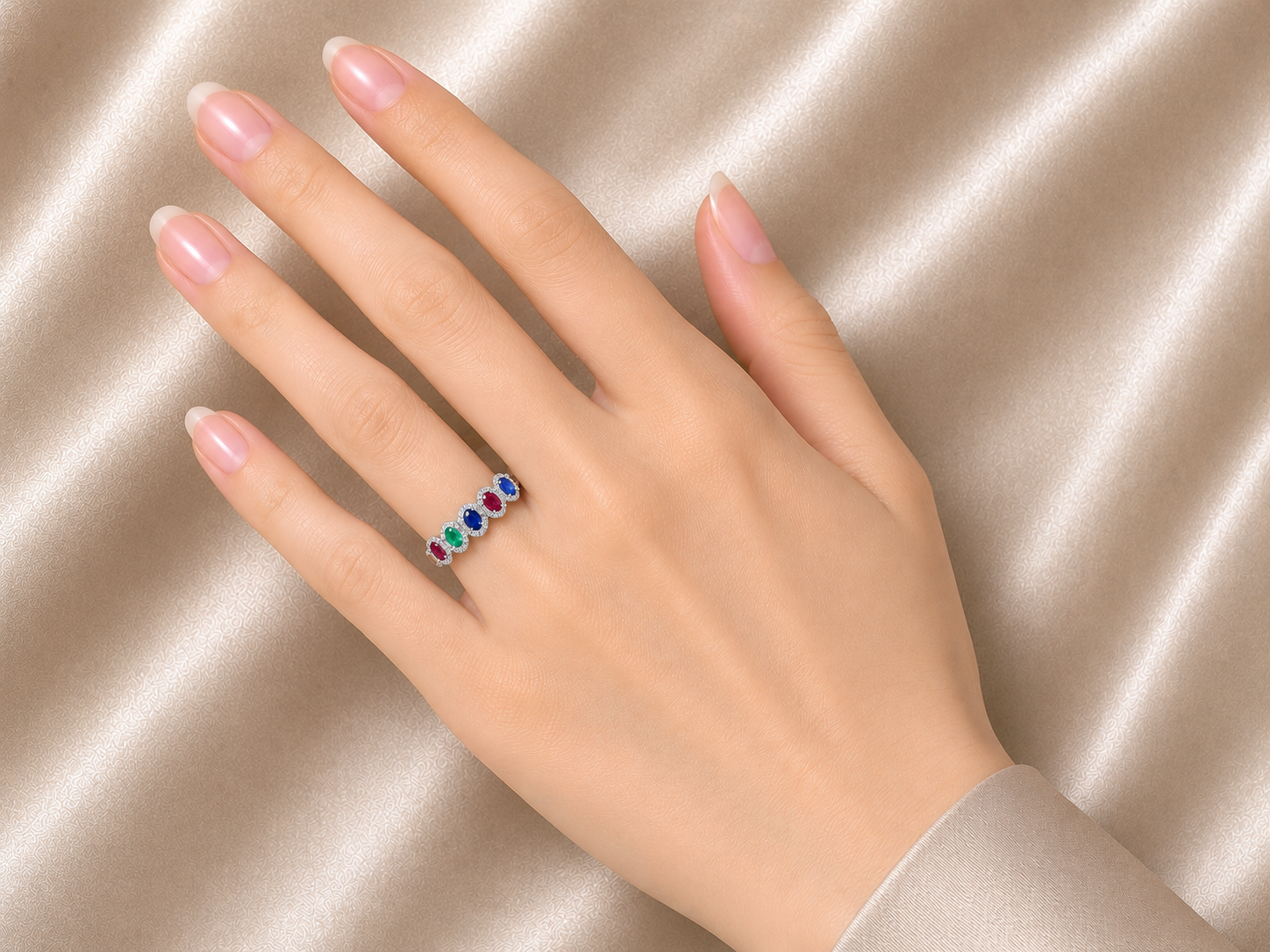 18K White Gold Ruby Sapphire Emerald Diamond Band Ring Estate