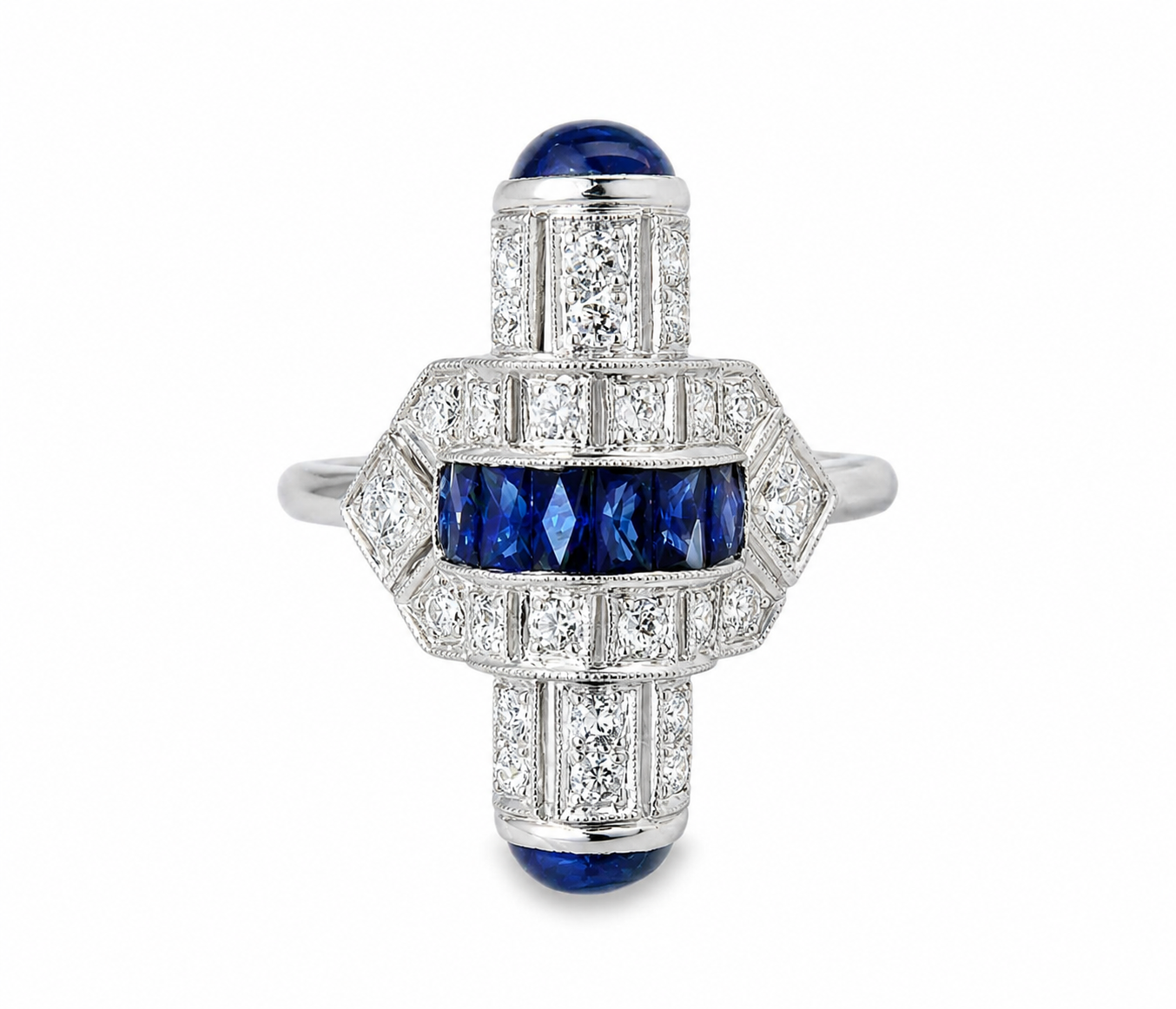 14K White Gold Hand Cut Diamond Sapphire Mosaic Ring Art Deco Estate