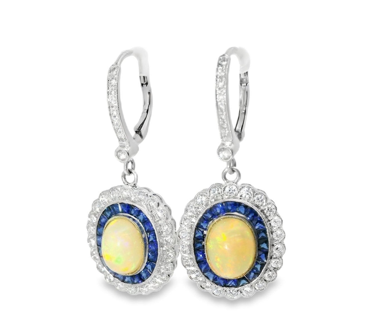 18K White Gold Diamond Opal Sapphire Dangle Earrings Art Deco Antique Estate