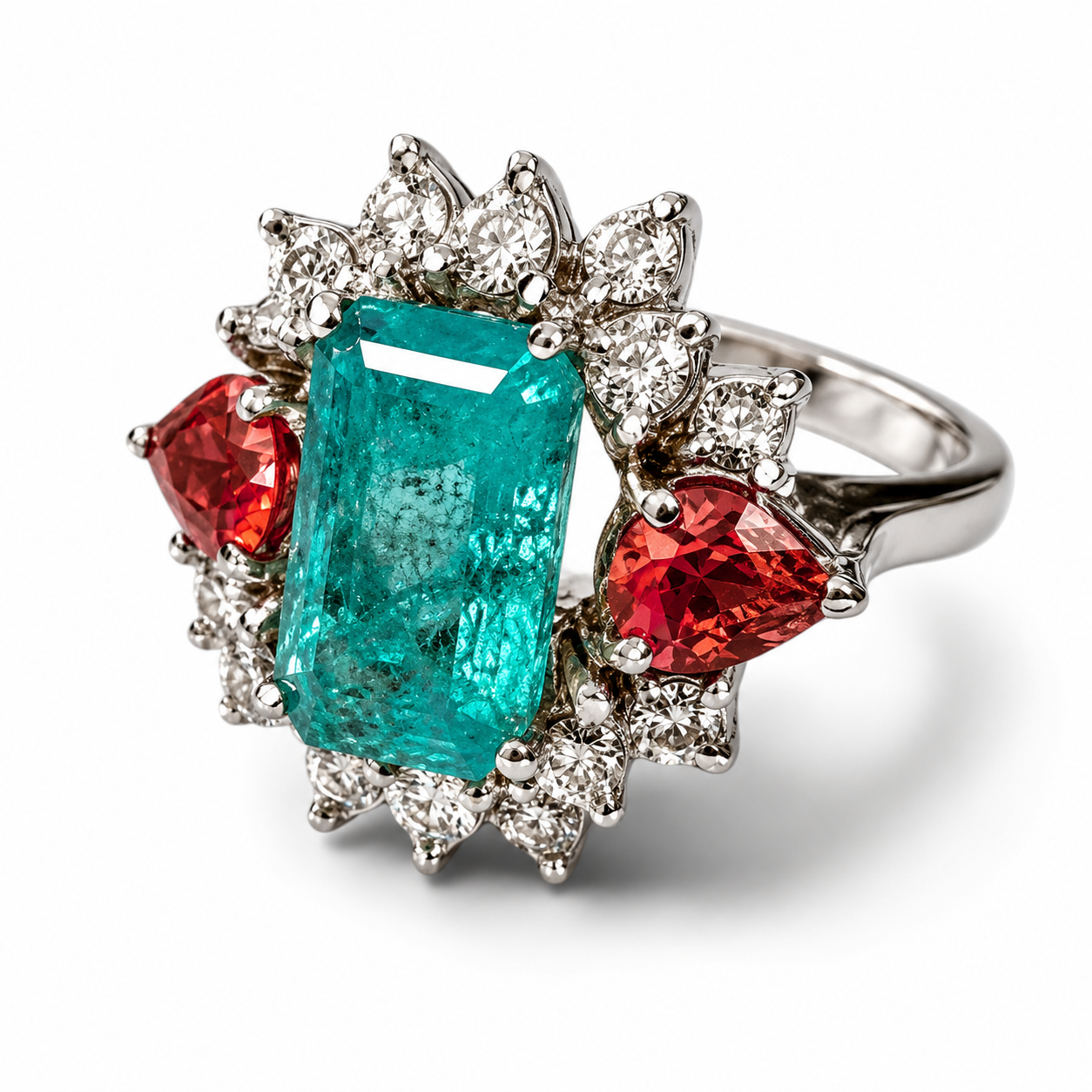 18K White Gold Emerald Tourmaline Diamond Designer Ring Estate