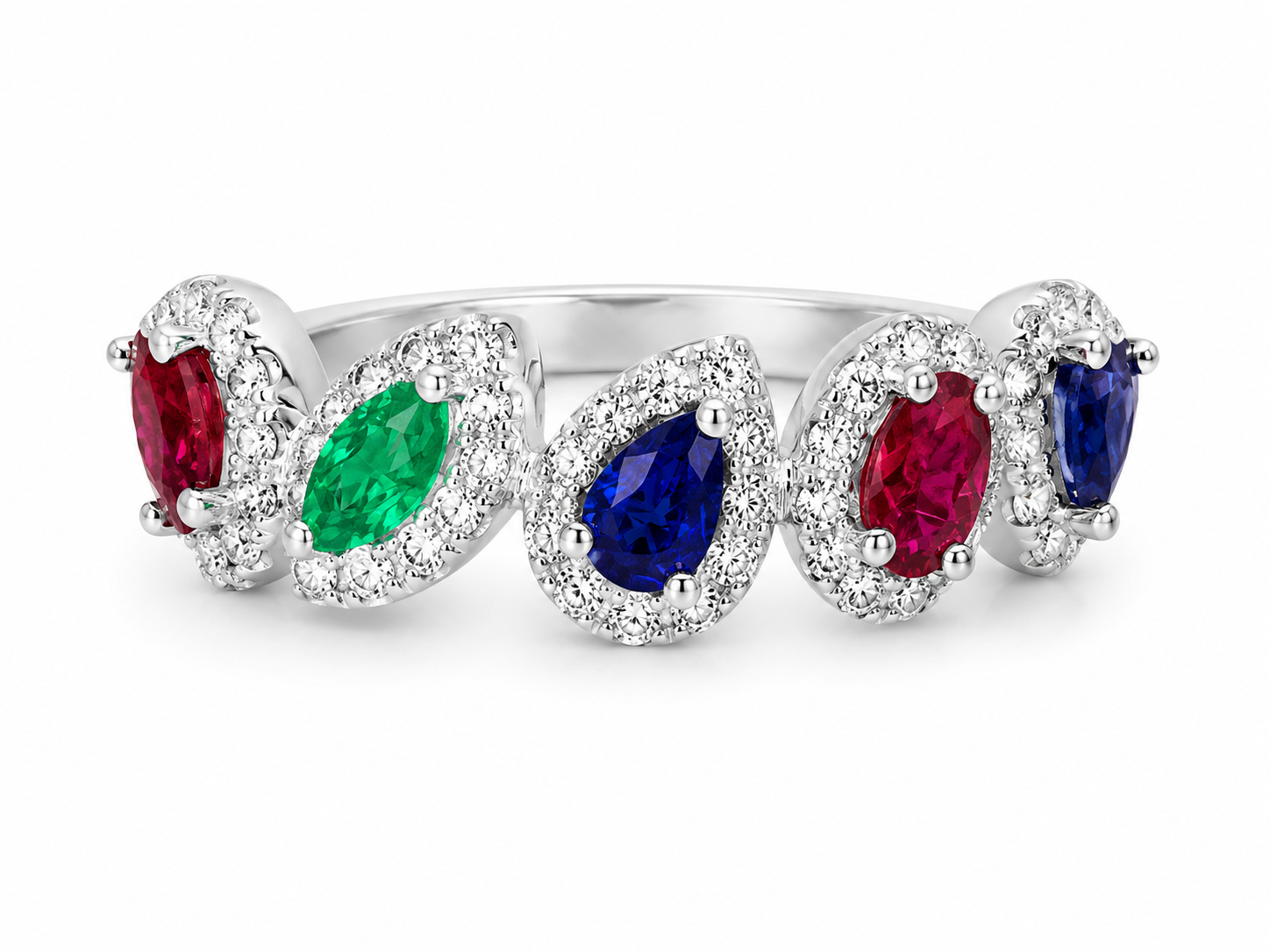 18K White Gold Ruby Sapphire Emerald Diamond Band Ring Estate