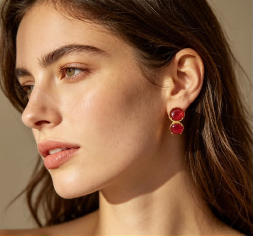 14K Yellow Gold Cabochon Ruby Earrings Designer Estate