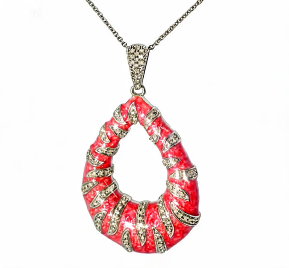 Sterling Silver Pink Enamel Diamond Pendant Necklace Estate