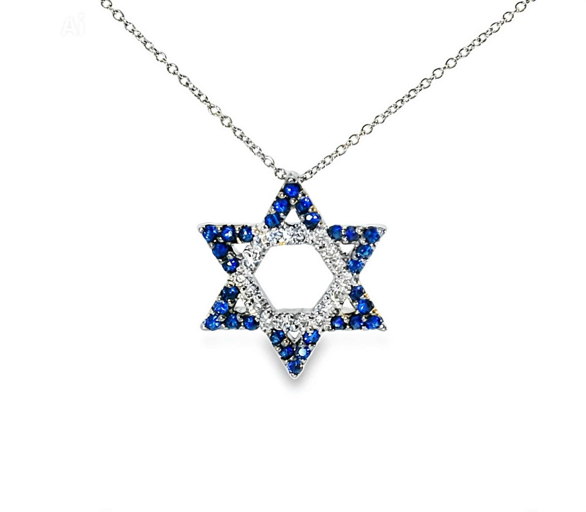 14K White Gold Sapphire Diamond Star of David Pendant Necklace Estate by EFFY