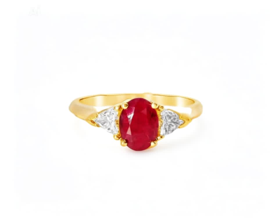 14K Yellow Gold Ruby Trillion Diamond Three Stone Ring Estate