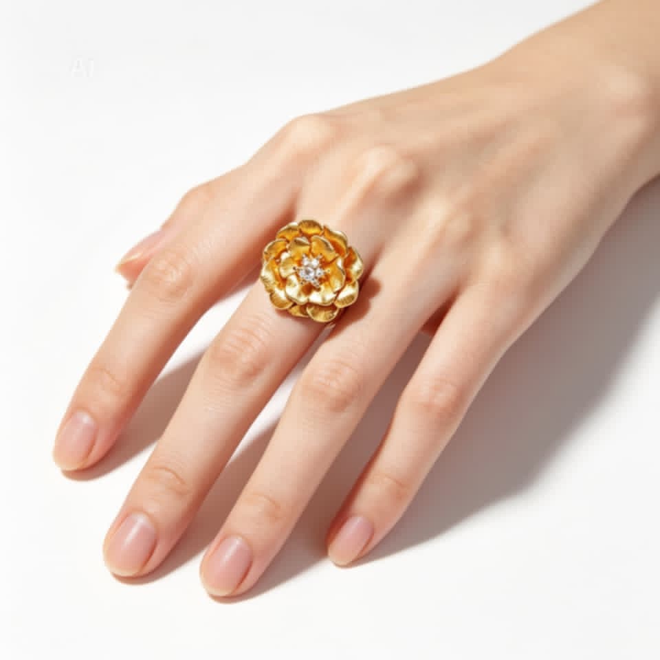 14K Yellow Brushed Gold Diamond Floral Cocktail Ring Estate