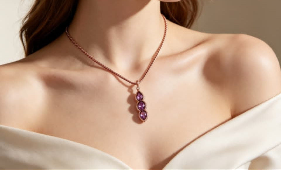 14K Rose Pink Gold Amethyst Diamond Drop Pendant Necklace Estate