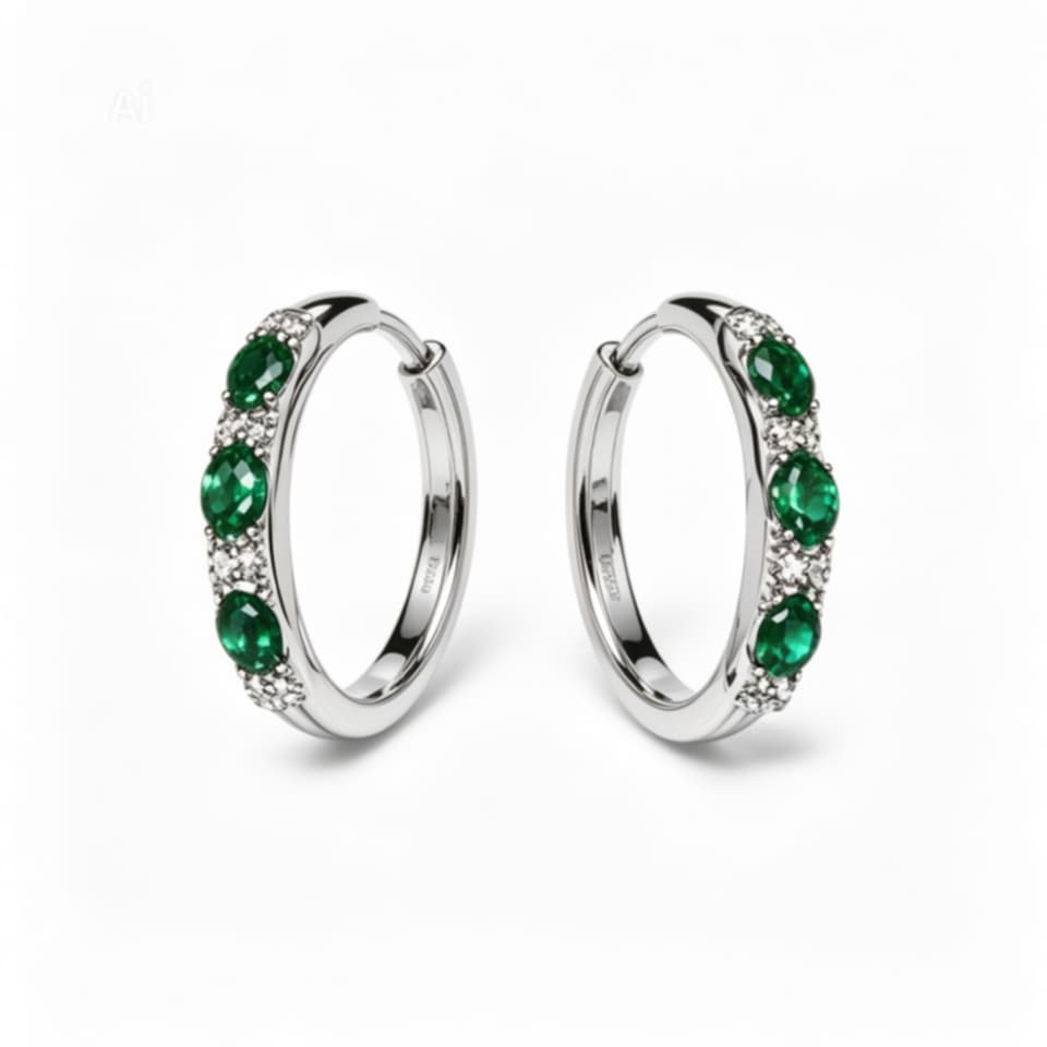 14K White Gold Hoop Earrings Emerald Diamond Estate Luxury Jewelry