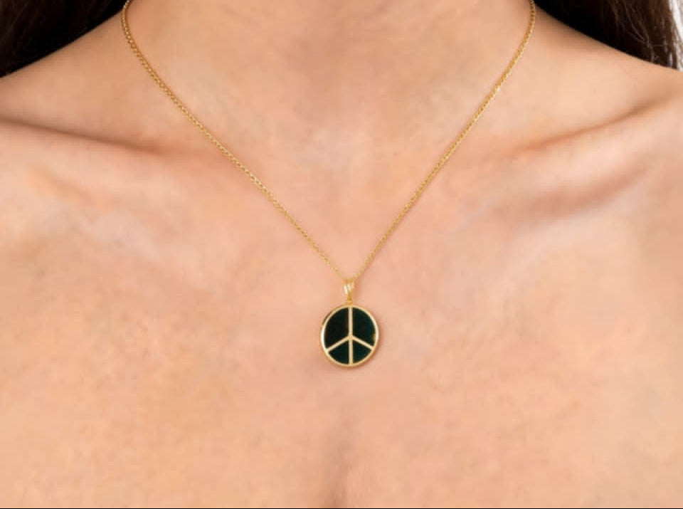 14K Yellow Gold Black Onyx Peace Sign Pendant Slide Modern Estate