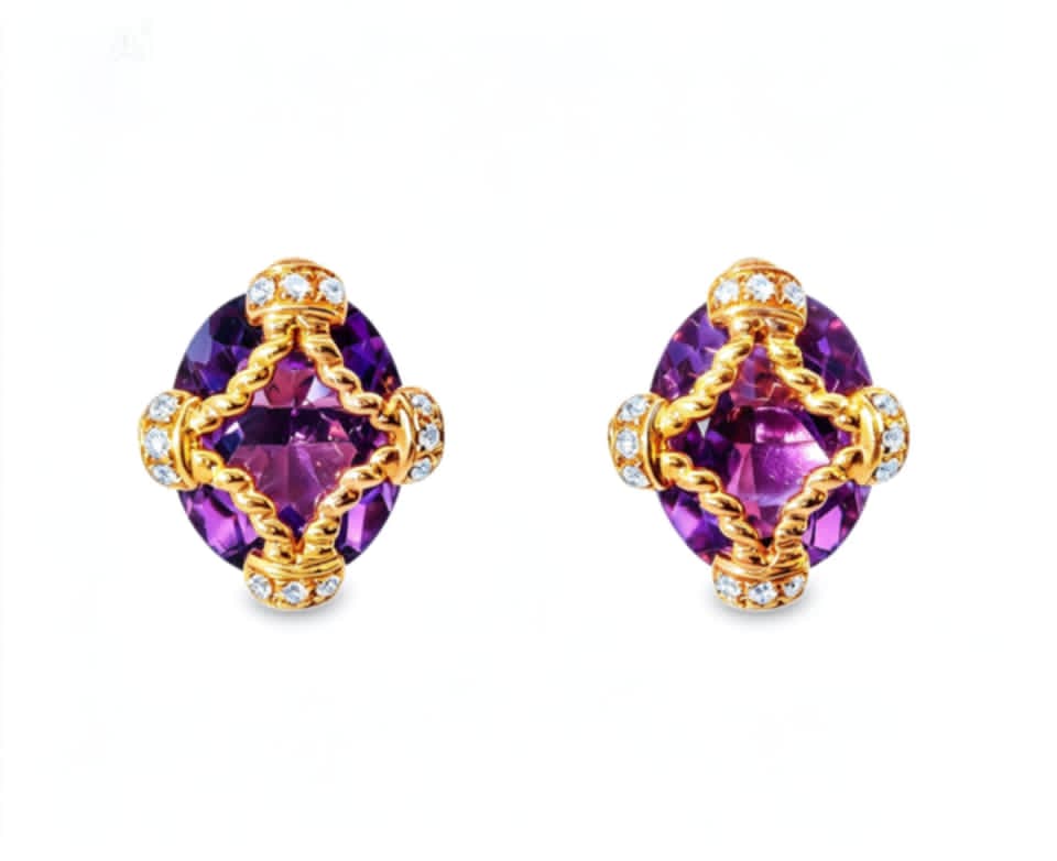 14K Rose Gold Amethyst Diamond Stud Earrings Estate by EFFY