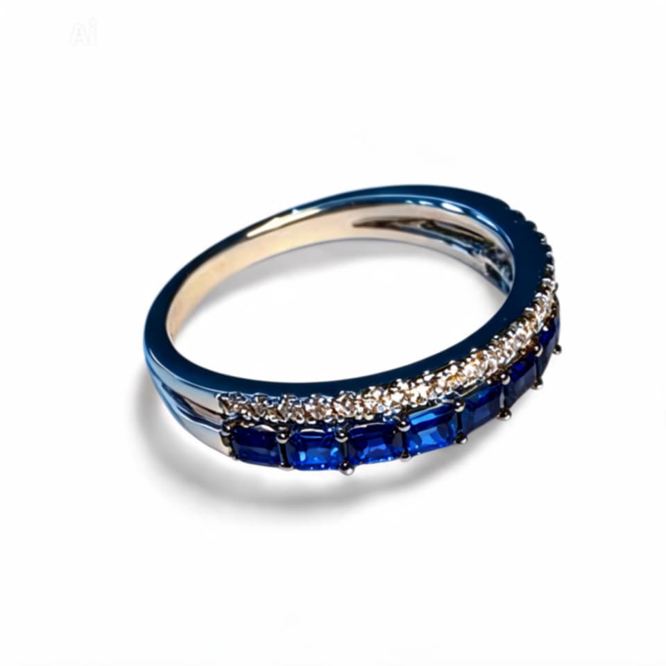 14K White Gold Sapphire Diamond Wedding Band Ring Designer Estate