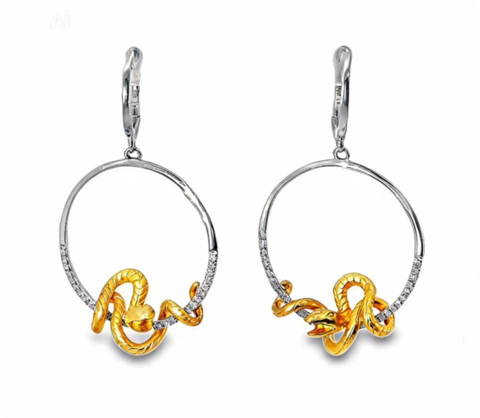 14K Two Tone Gold Diamond Snake Animal Loop Earrings Estate