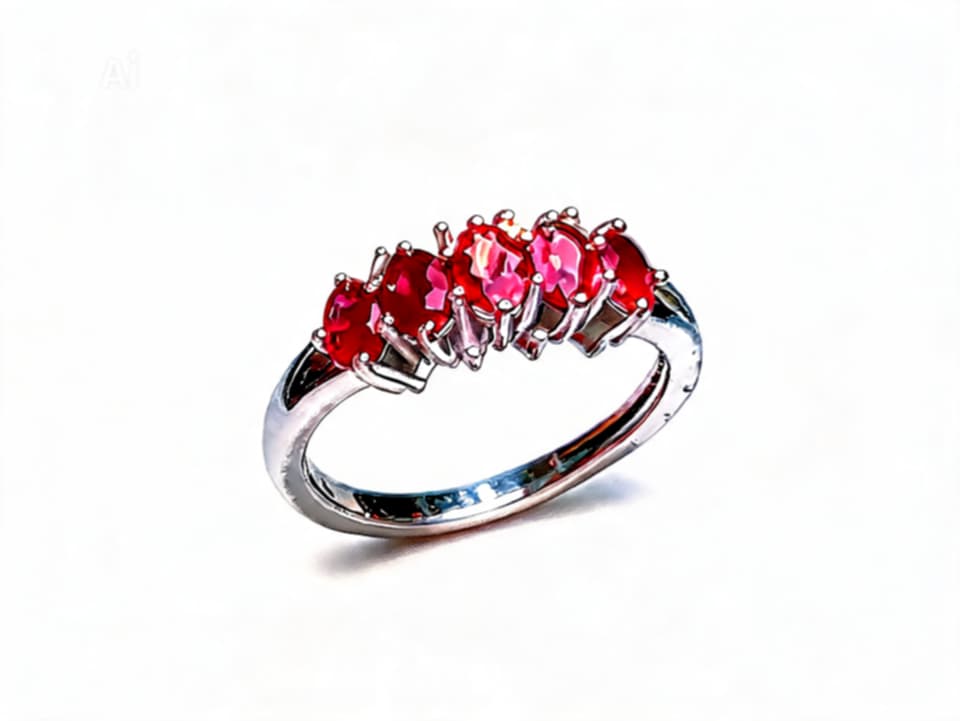 14K White Gold Ruby 5 Stone Diamond Band Estate Ring